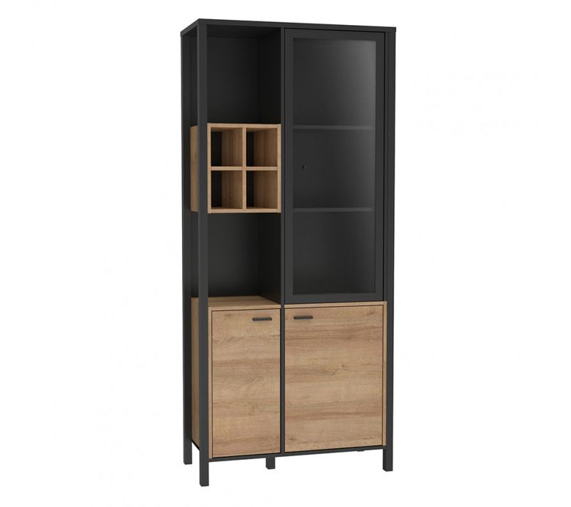 Vitrine 194 Cm 3 Portes 4 Casiers Décor Bois De Chêne Et Noir - Mode