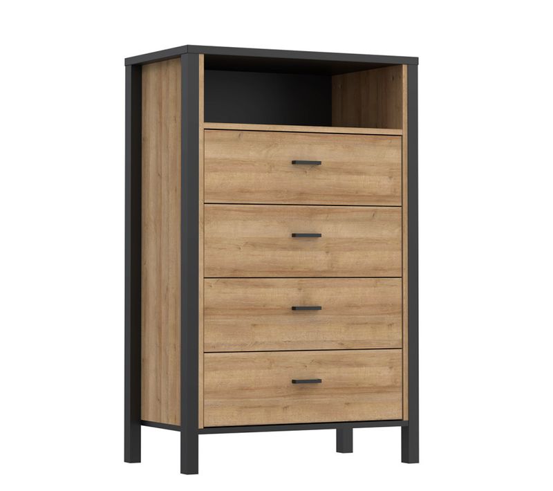 Chiffonnier 4 Tiroirs 1 Niche Décor Noir Et Bois Chêne - Mode