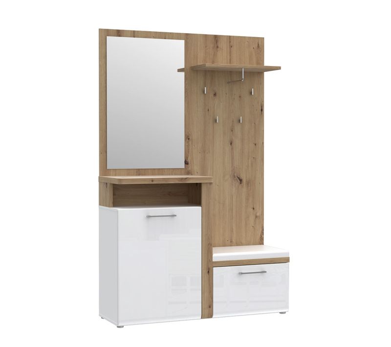 Meuble D'entrée 2 Portes 1 Miroir Blanc Laqué Et Décor Bois - Berlioz