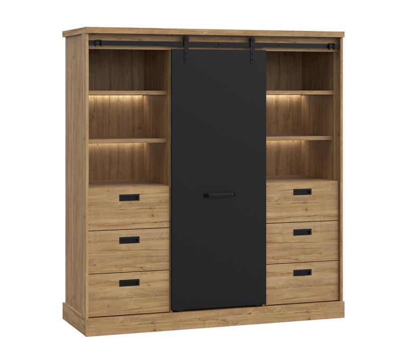 Vaisselier 1 Porte 6 Tiroirs Décor Chêne Et Noir éclairage LED - Farm