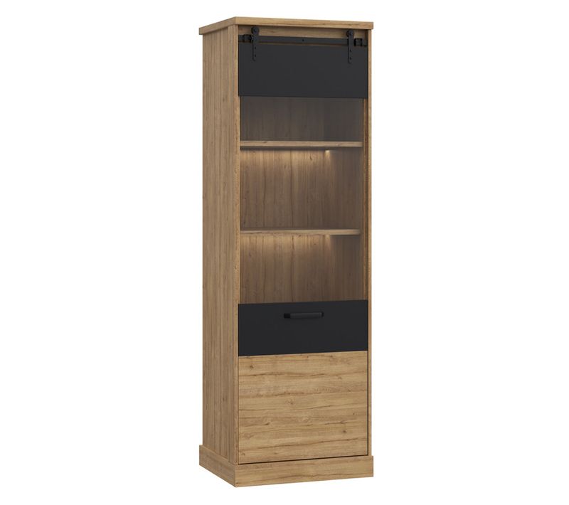 Colonne Vitrée 1 Porte Décor Chêne Et Noir Mat éclairage LED - Farm