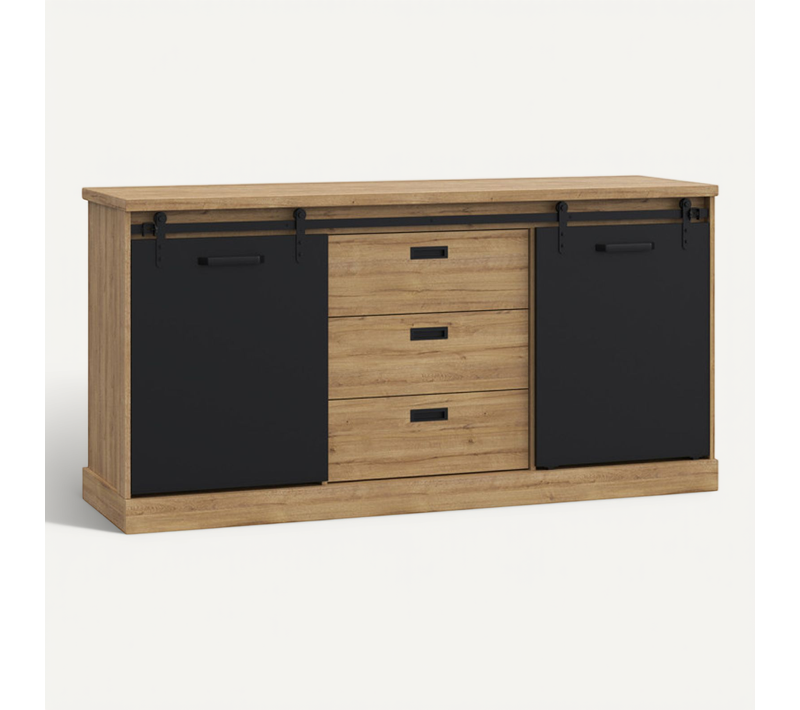 Buffet 174 Cm 2 Portes Coulissantes 3 Tiroirs Décor Chêne Noir - Farm