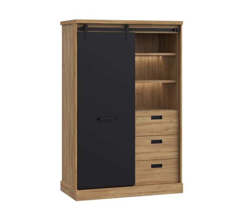 Buffet Haut 1 Porte 3 Tiroirs Décor Chêne Et Noir éclairage LED - Farm