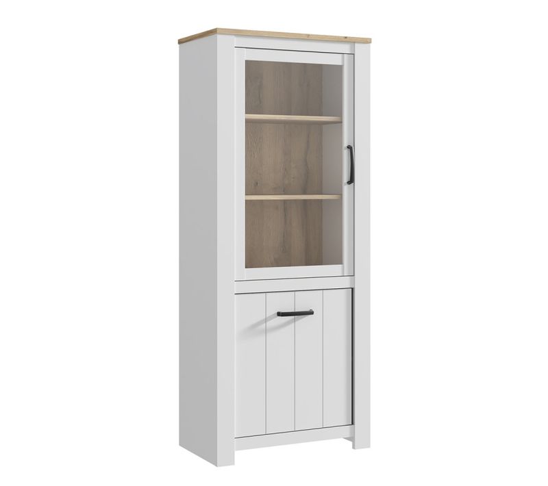 Vitrine 2 Portes Blanc Mat Et Décor Bois Clair Poignées Noires - Leane