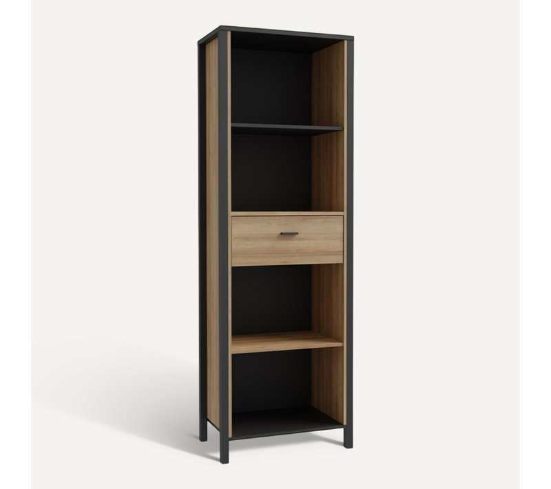 Bibliothèque 194 Cm 1 Tiroir 4 Niches Décor Bois Chêne Et Noir - Mode