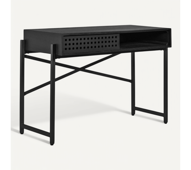 Console 105 Cm Caisson Bois Noir Ajourée Et Pieds Métal Noir - Michel