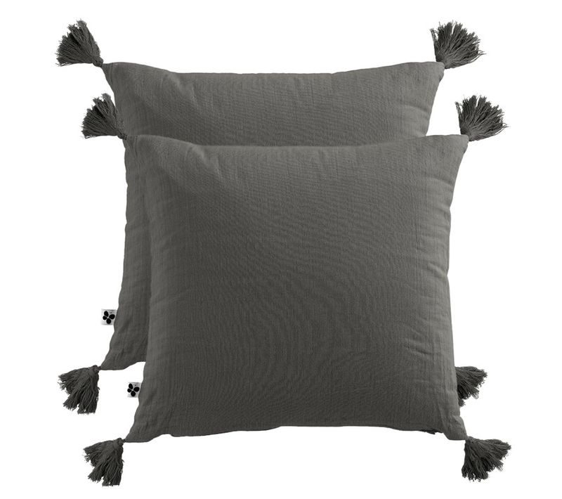 Lot De 2 Coussins 40x40 Double Gaze De Coton Gris Avec Pompons - Pepa