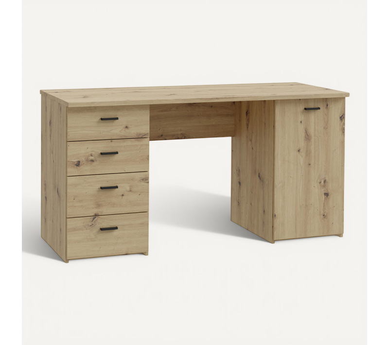 Bureau Droit 145 Cm Décor Chêne Rustique 1 Placard 4 Tiroirs - Manolo