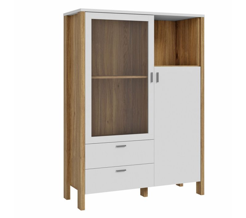 Armoirette Vitrée H. 152 Cm Avec Décor Gris Clair Et Chêne - Devonne