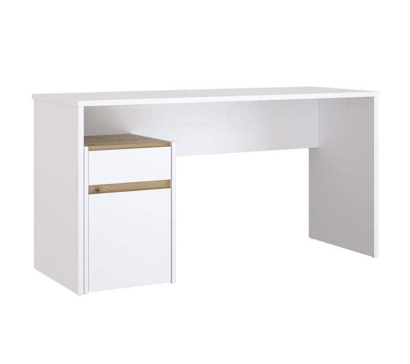 Bureau 140 Cm Blanc Mat Et Décor Bois De Chêne Avec Caisson - Odyssée
