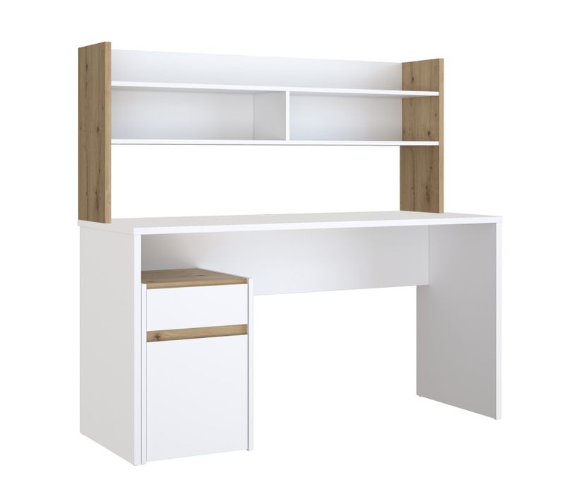Bureau Et Surmeuble 140 Cm Blanc Mat Et Décor Bois De Chêne - Odyssée
