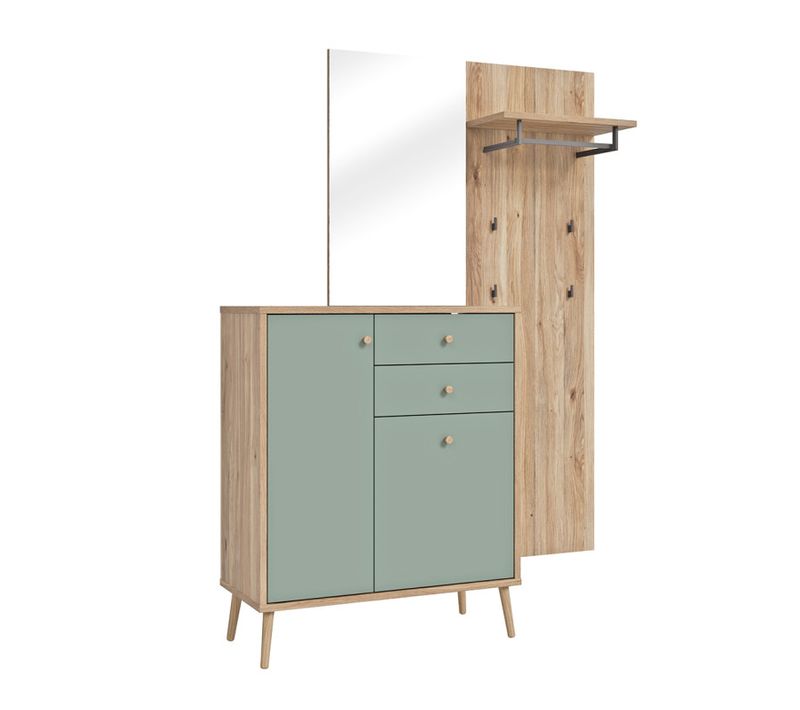 Meuble D’entrée 195 Cm En Décor Bois De Chêne Et Vert Sauge – Cedar