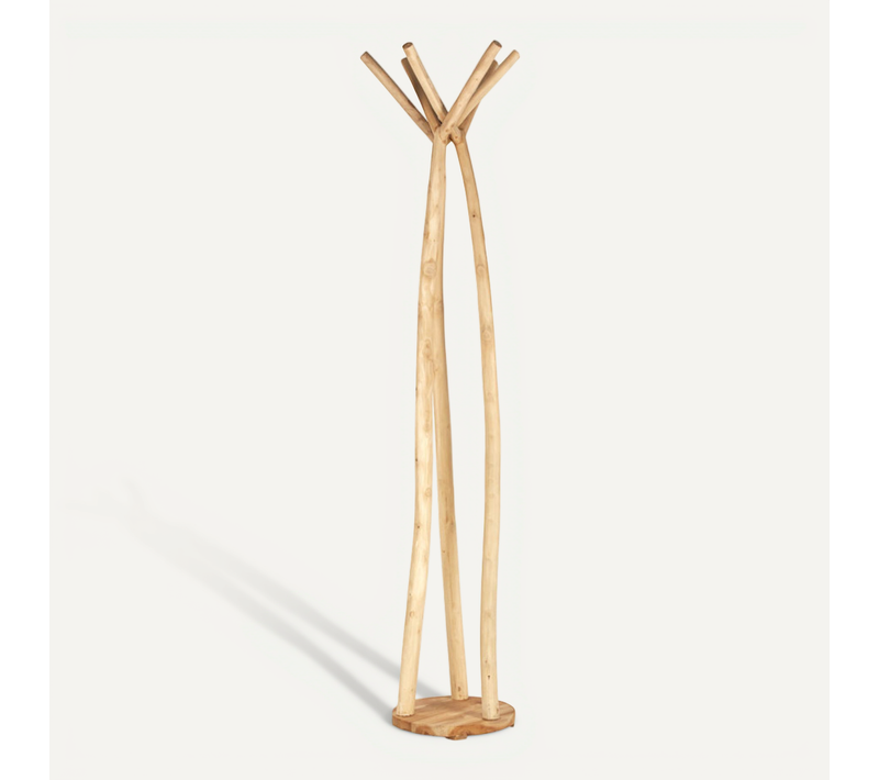 Porte-manteau 190 Cm 4 Accroches Socle Rond En Bois Teck Clair – Ravi