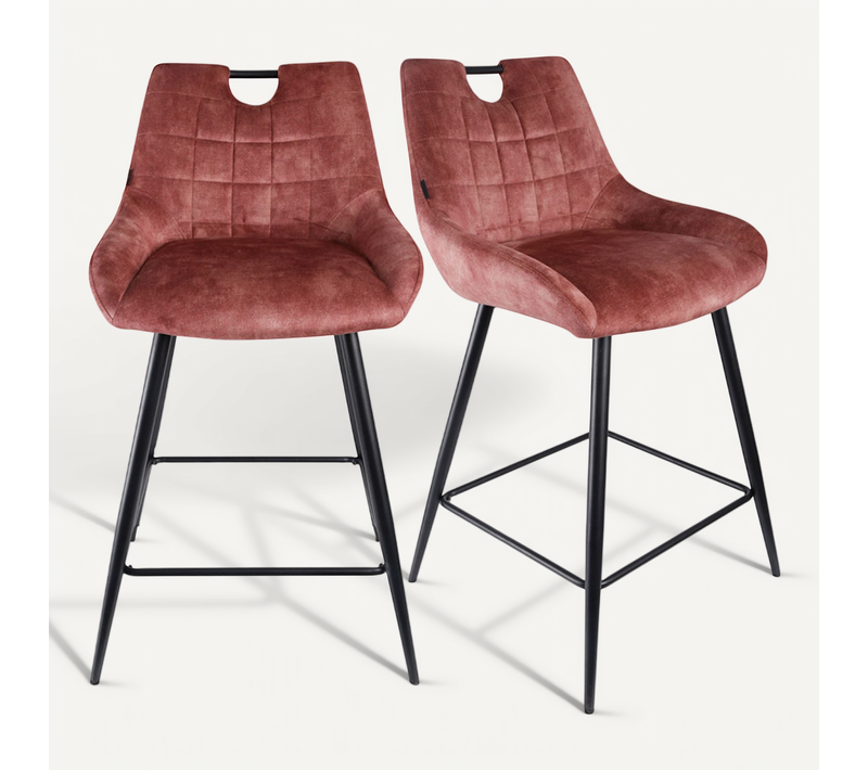 Lot 2 Tabourets De Bar En Velours Rose Avec Pied Métal Noir - Brandy