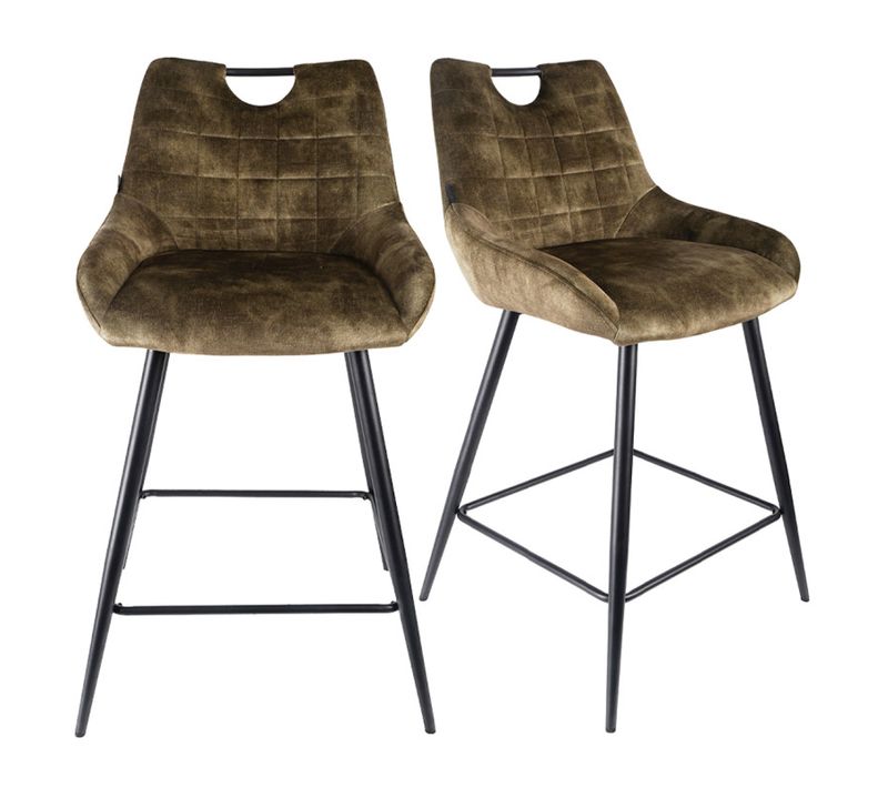Lot 2 Tabourets Bar En Velours Vert Kaki Avec Pied Métal Noir - Brandy