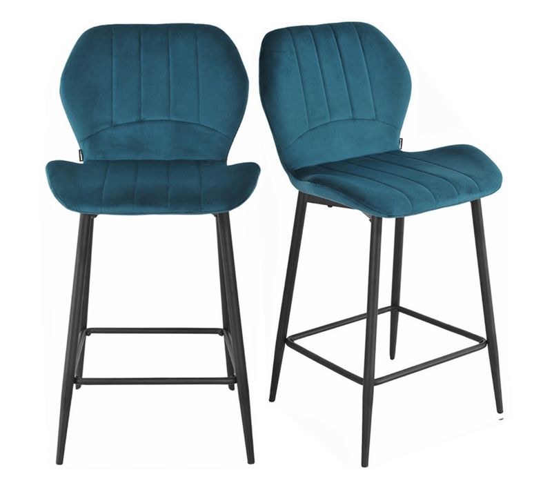 Lot 2 Tabourets De Bar Velours Bleu Canard Pieds Métal Noir - Emilio 2