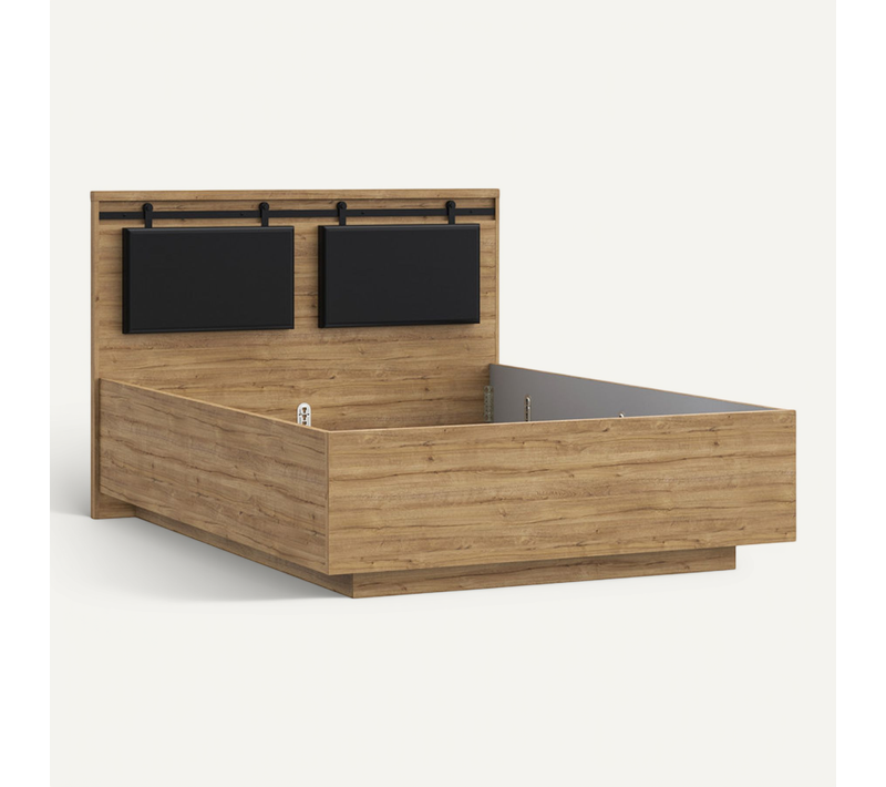 Lit 140 X 190 Cm Avec Tête De Lit En Décor Chêne Et Noir – Farm
