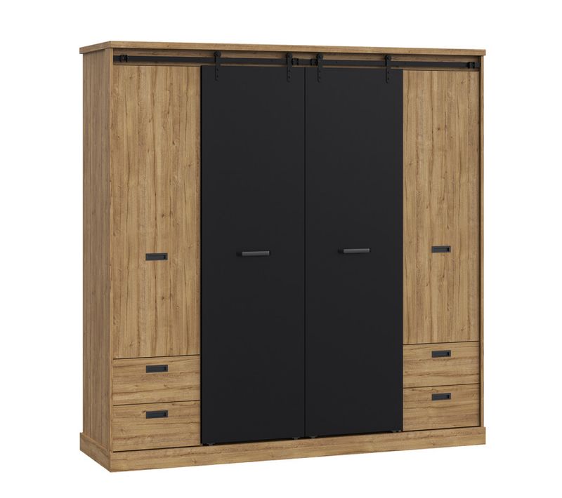 Armoire Dressing 203 Cm 4 Portes Décor Chêne Et Noir – Farm