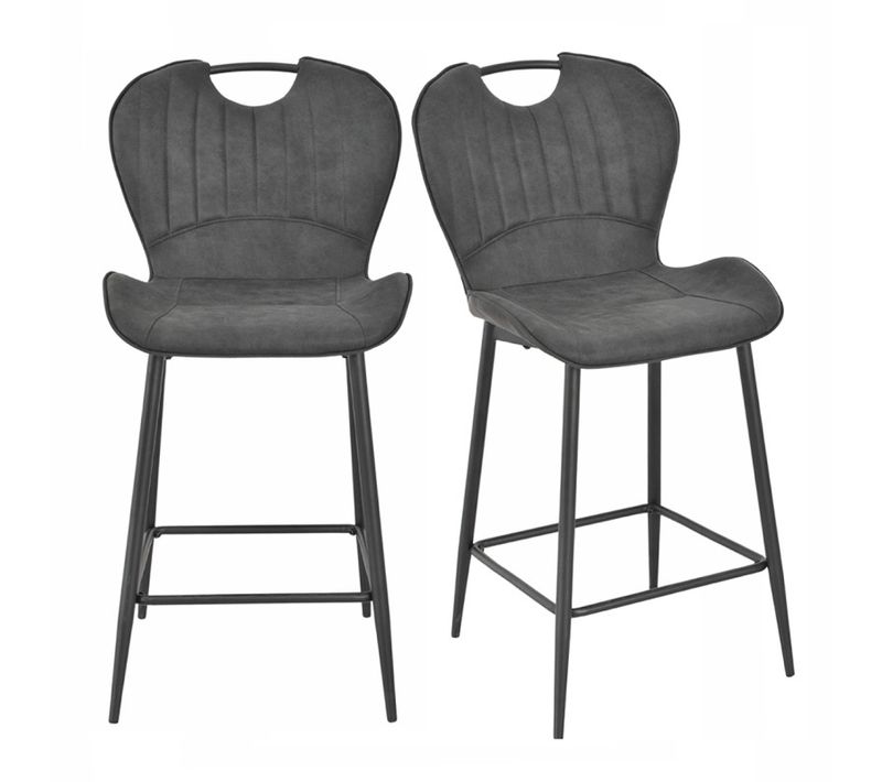 Lot 2 Chaises Bar Microfibre Noir Effet Vieilli Pieds Métal – Willy 2