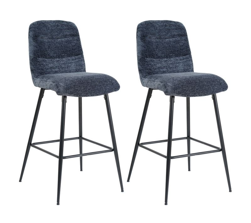 Lot 2 Tabourets De Bar Rembourré Tissu Doux Bleu Pied Métal - Julie