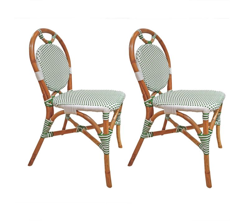Lot 2 Chaises Bistrot En Rotin Naturel Cannage Vert Et Blanc - Pigalle
