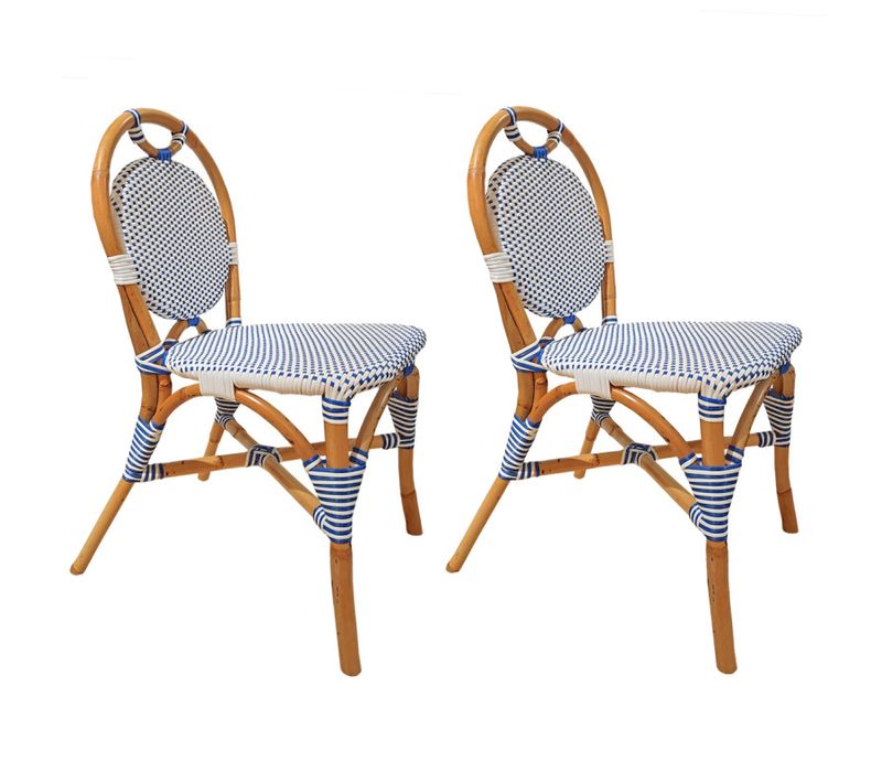 Lot 2 Chaises Bistrot En Rotin Naturel Cannage Bleu Et Blanc - Pigalle