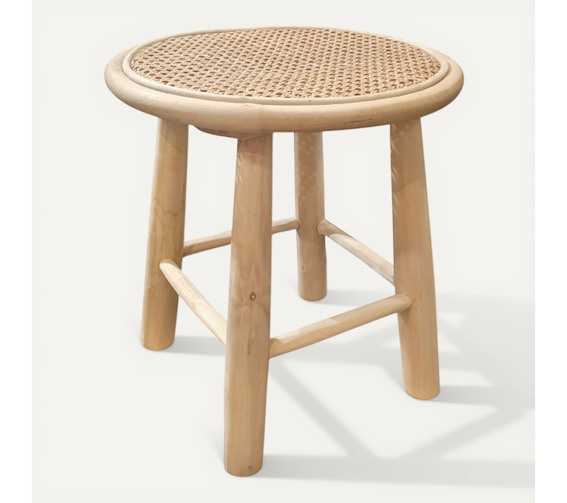 Table D'appoint Ronde 40 Cm En Bois De Teck Et Cannage Rotin - Bruno