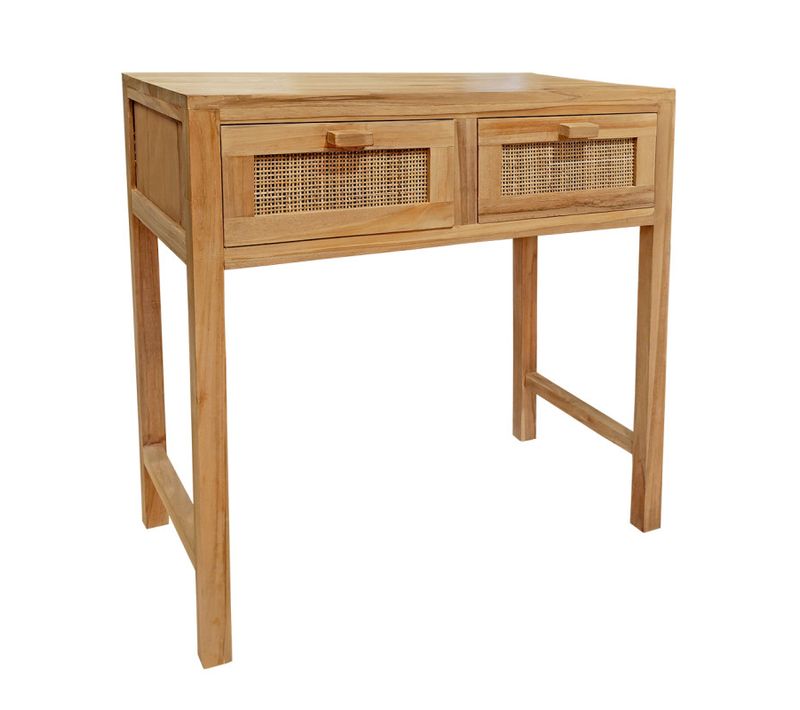 Console L. 80 Cm En Teck Massif 2 Tiroirs Cannage En Rotin - Camilo