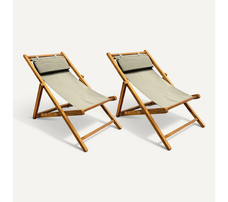Lot 2 Chaises Longues Chiliennes Teck Et Toile Vert Sauge - Ancolie
