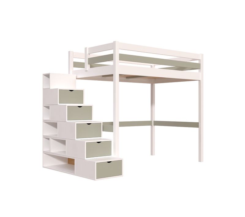 Lit Mezzanine Bois 120x200 Sylvia Avec Escalier Cube, Blanc/moka