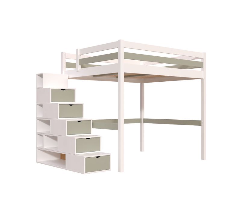 Lit Mezzanine Bois 160x200 Avec Escalier Cube Sylvia, Blanc/moka