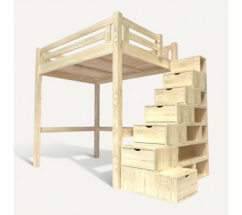 Lit Mezzanine Adulte Bois 140x200 Alpage Hauteur Réglable + Escalier Cube, Vernis Naturel