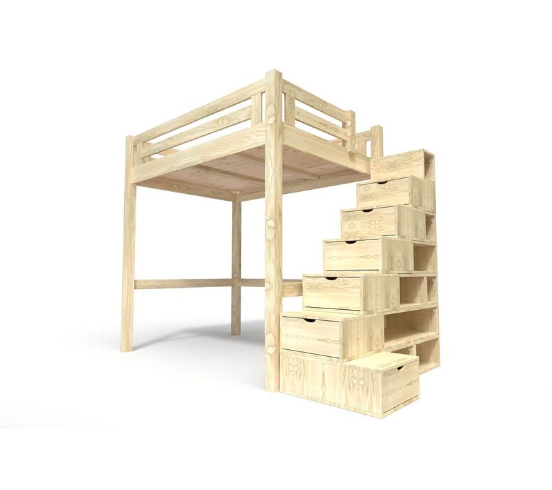 Lit Mezzanine Adulte Bois 160x200 Alpage Hauteur Réglable + Escalier Cube, Brut (sans Vernis)