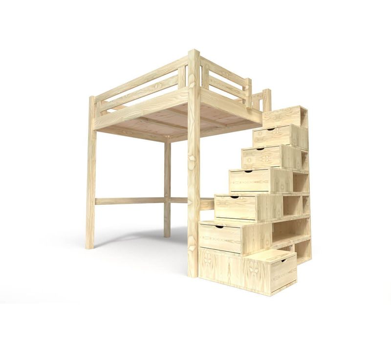 Lit Mezzanine Adulte Bois 160x200 Alpage Hauteur Réglable + Escalier Cube, Vernis Naturel