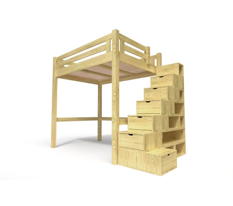 Lit Mezzanine Adulte Bois 160x200 Alpage Hauteur Réglable + Escalier Cube, Miel