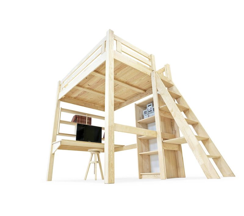 Lit Mezzanine Adulte 160x200 Bois + Échelle Hauteur Réglable Alpage, Vernis Naturel
