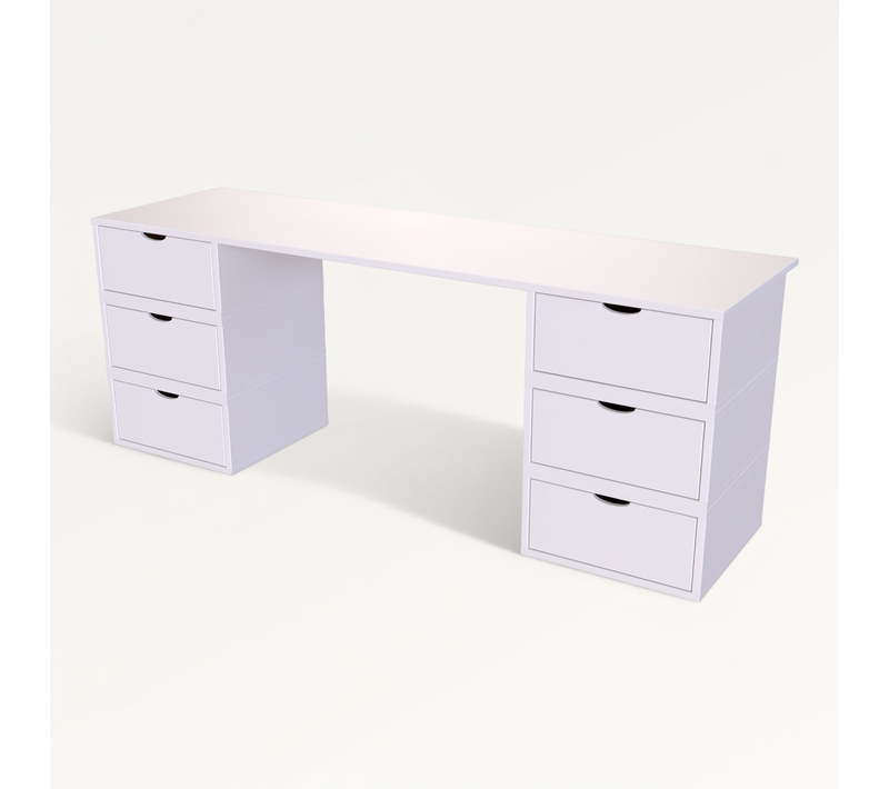 Bureau Bois Massif Long 6 Tiroirs Cube, Blanc