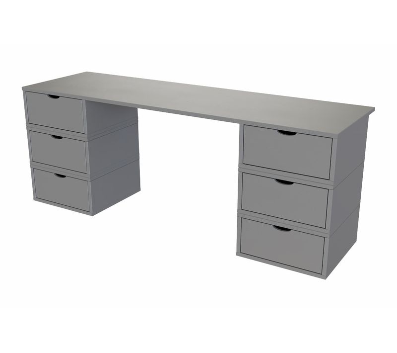Bureau Bois Massif Long 6 Tiroirs Cube, Gris