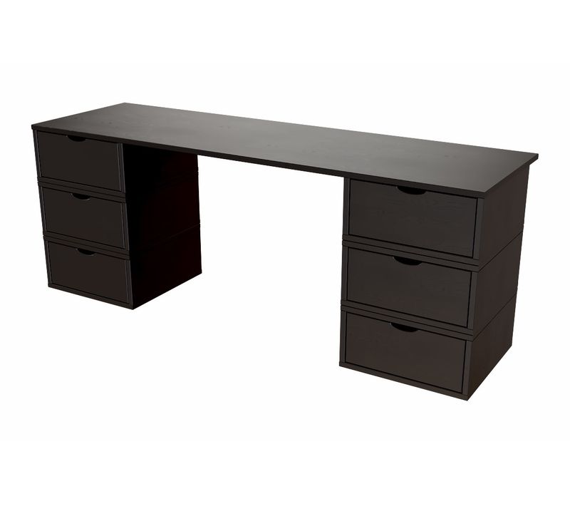 Bureau Bois Massif Long 6 Tiroirs Cube, Noir