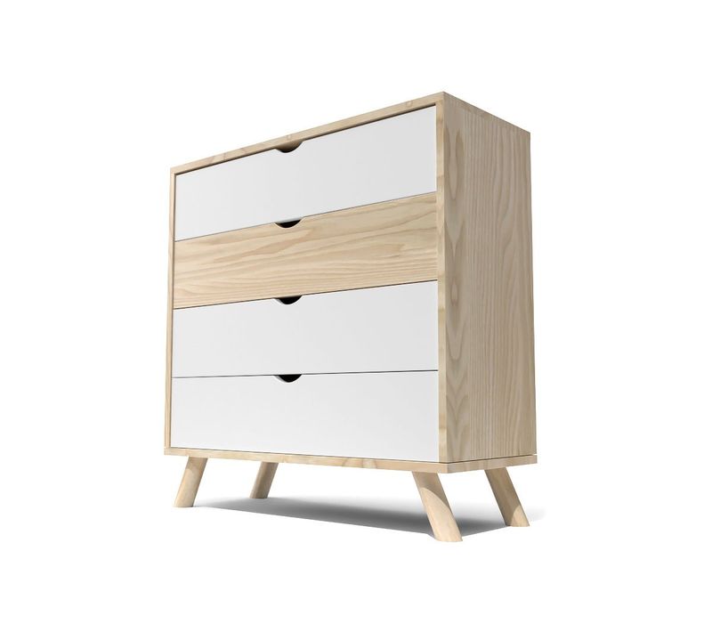 Commode Scandinave En Bois Massif Viking, Vernis Naturel/blanc