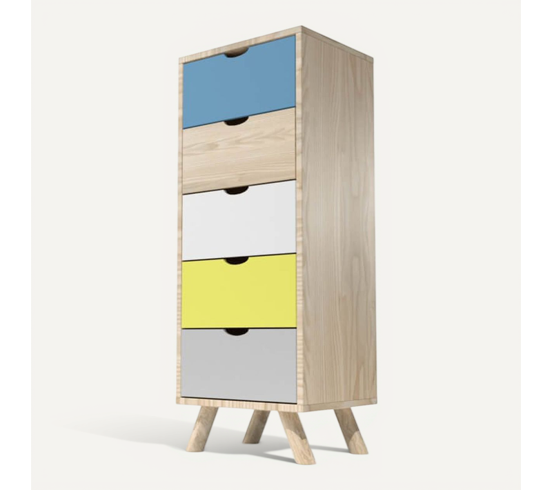 Chiffonnier Scandinave Bois 5 Tiroirs Viking, Bleu Pastel, Blanc, Jaune, Gris Souris