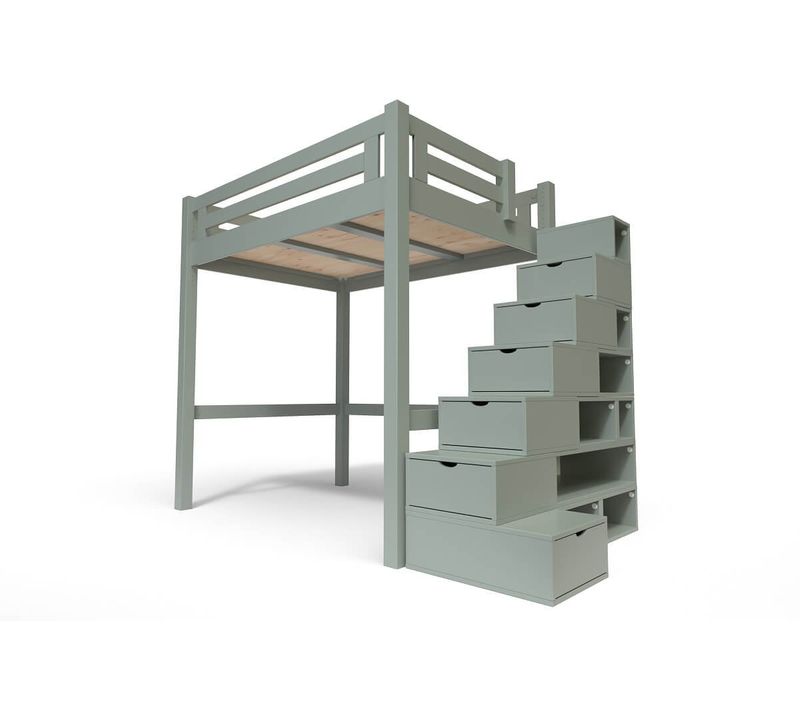 Lit Mezzanine Adulte Bois 120x200 Alpage Hauteur Réglable + Escalier Cube, Gris