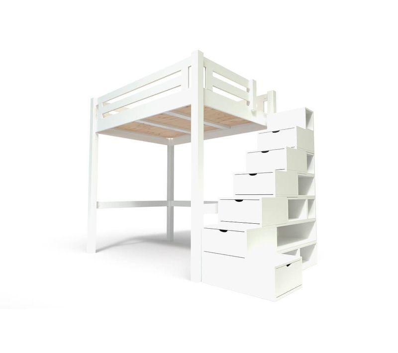 Lit Mezzanine Adulte Bois 160x200 Alpage Hauteur Réglable + Escalier Cube, Blanc