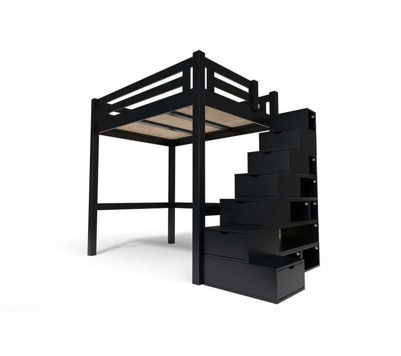 Lit Mezzanine Adulte Bois 160x200 Alpage Hauteur Réglable + Escalier Cube, Noir