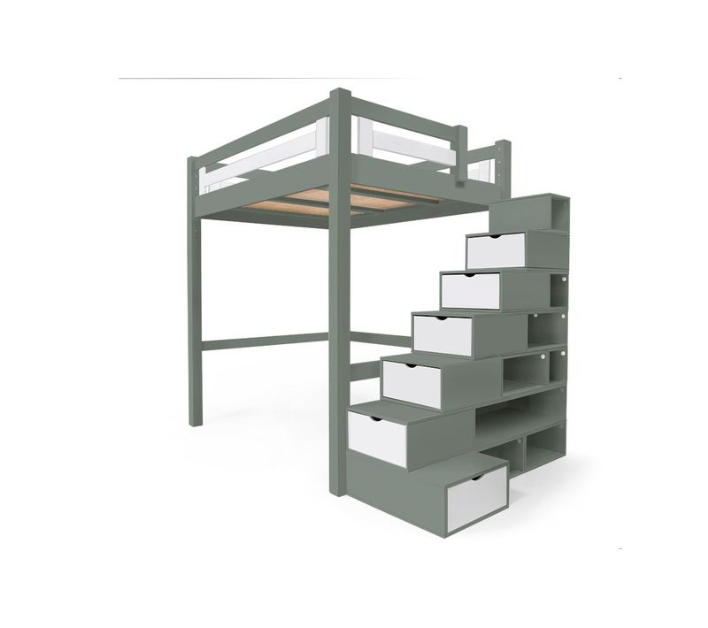 Lit Mezzanine Adulte Bois 160x200 Alpage Hauteur Réglable + Escalier Cube, Gris/blanc