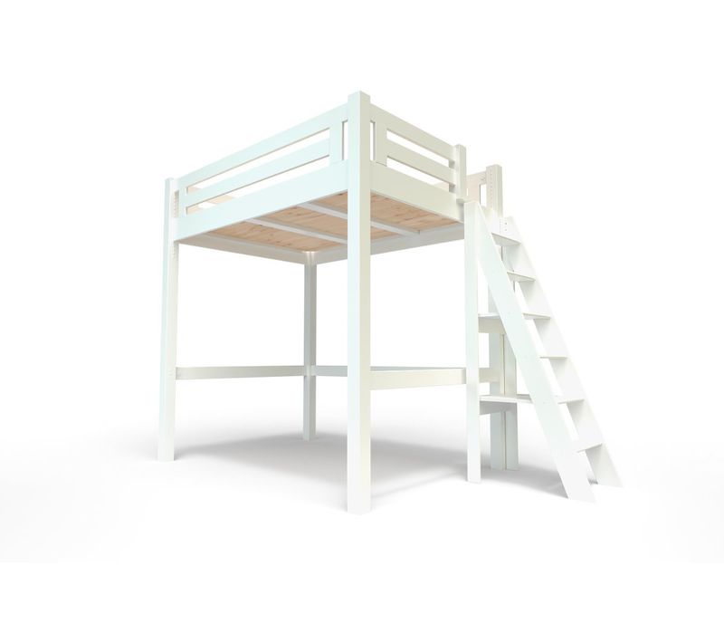 Lit Mezzanine Adulte 140x200 Bois + Échelle Hauteur Réglable Alpage, Blanc