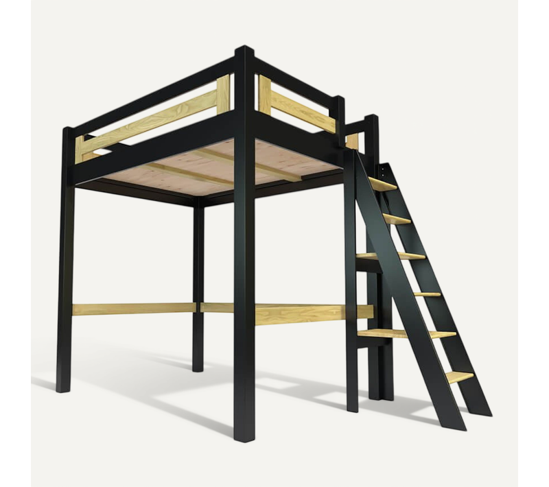 Lit Mezzanine Adulte 160x200 Bois + Échelle Hauteur Réglable Alpage, Noir/miel