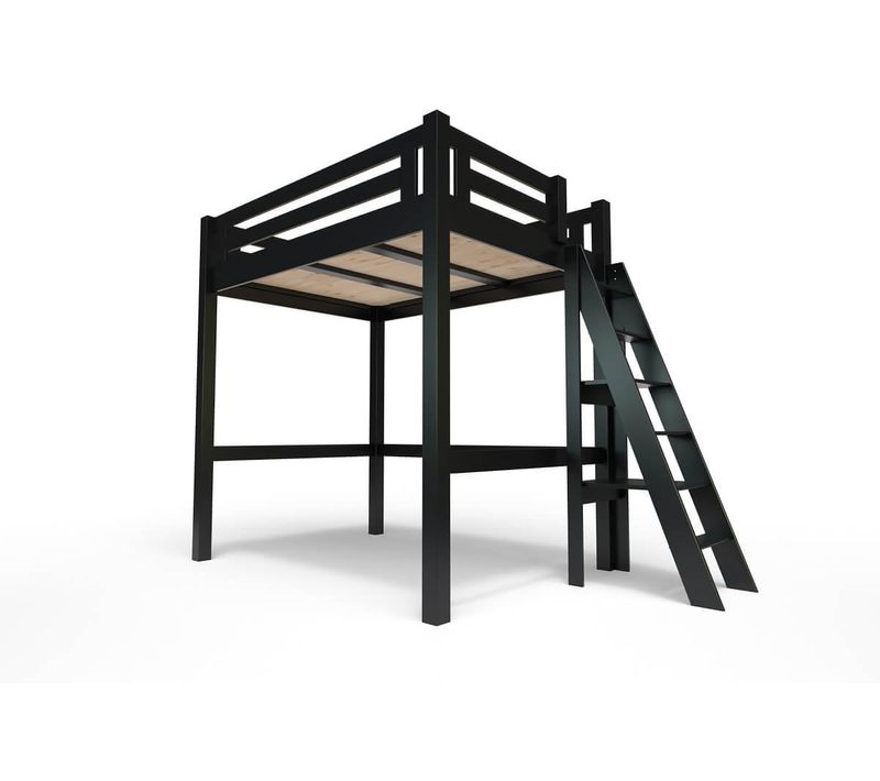 Lit Mezzanine Adulte 160x200 Bois + Échelle Hauteur Réglable Alpage, Noir