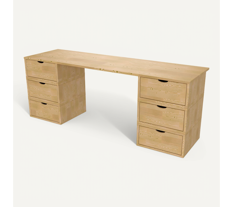 Bureau Bois Massif Long 6 Tiroirs Cube, Miel