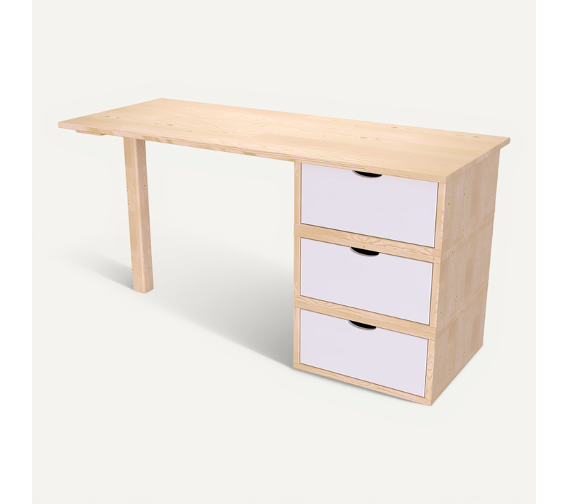 Bureau Bois 3 Tiroirs Cube, Vernis Naturel/blanc